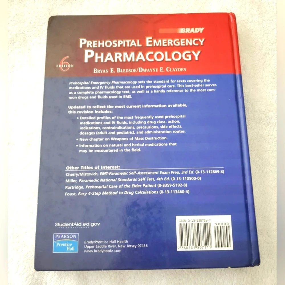 Prehospital Emergency Pharmacology Textbook Brady Hardcover 6th Edition
